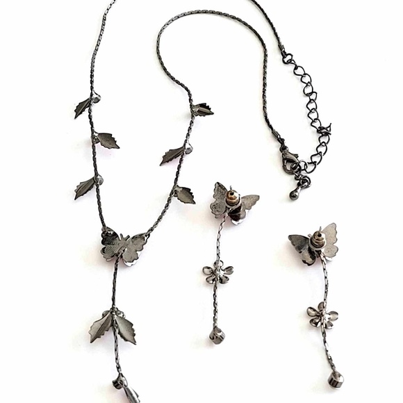 Vintage Romantic Pink Butterfly Leaf Flower Rhinestones Crystals Necklace Set - Picture 7 of 7